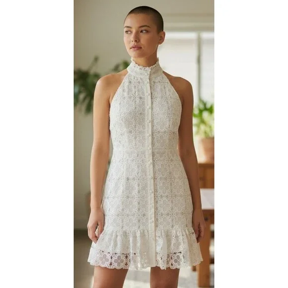 DESIGNER AQUA WHITE LACE HALTER NECKLINE RUFFLE HEM SLEEVELESS DRESS SIZE LARGE - Picture 6 of 16